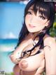 Anime girl with long black hair posing by the pool.