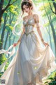 A woman in a wedding dress standing in the woods.